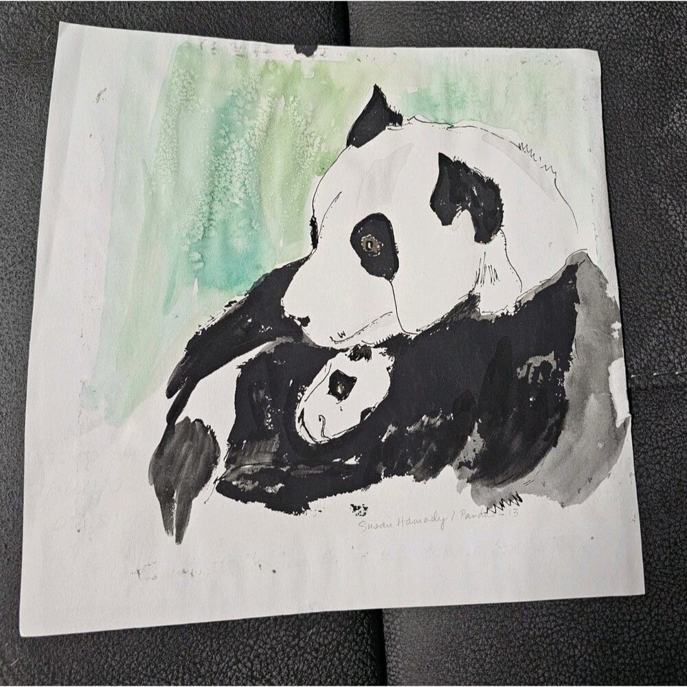 Susan Hamady Watercolor on Paper Panda with Cub Unframed